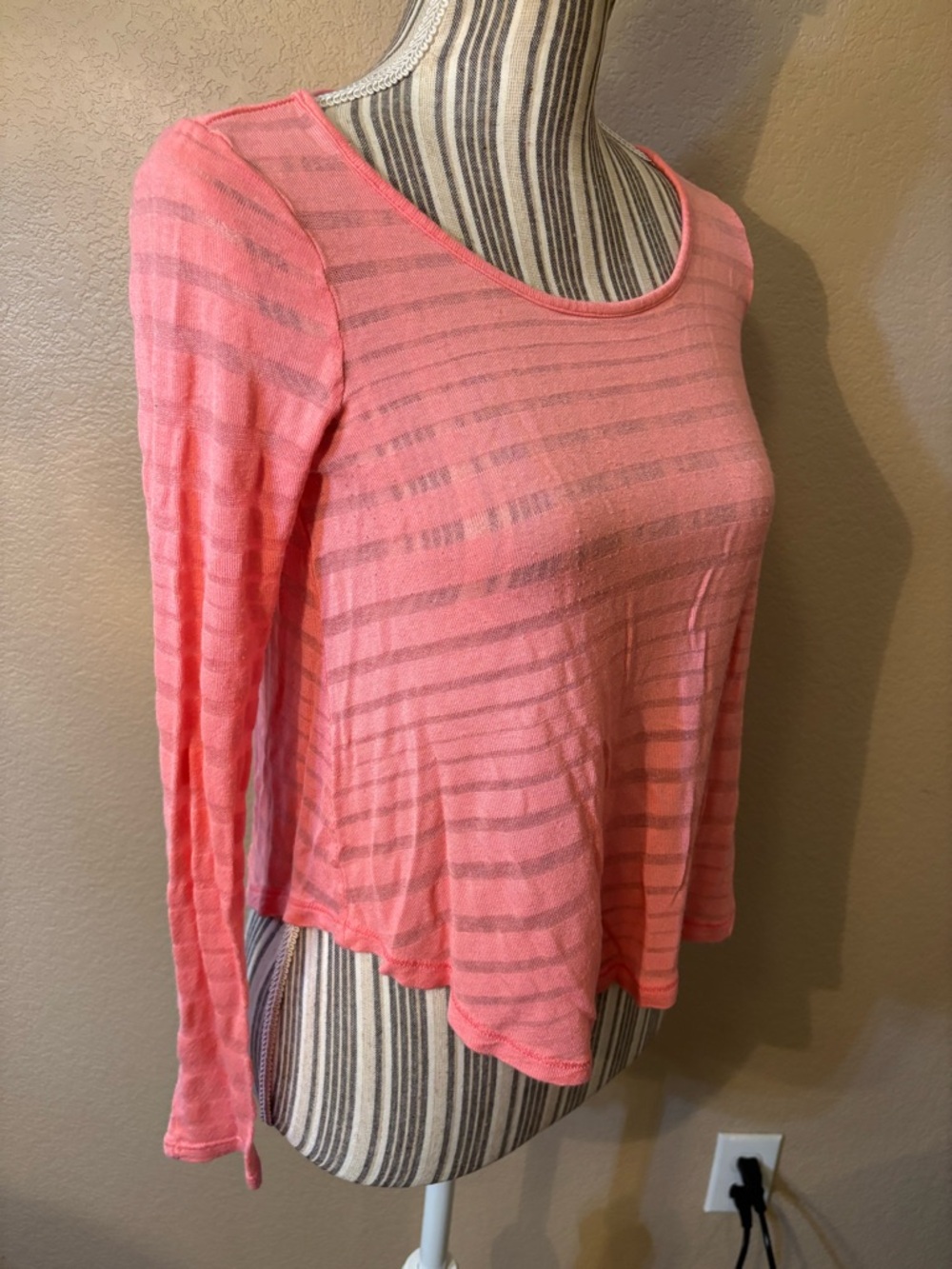 Forever 21 Top Small Coral Pink Semi-Sheer Striped Long-Slv Boat Neck Stretch - Picture 4 of 14